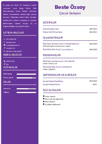 Çocuk Gelişimi Bölümü CV Örnekleri cv indir